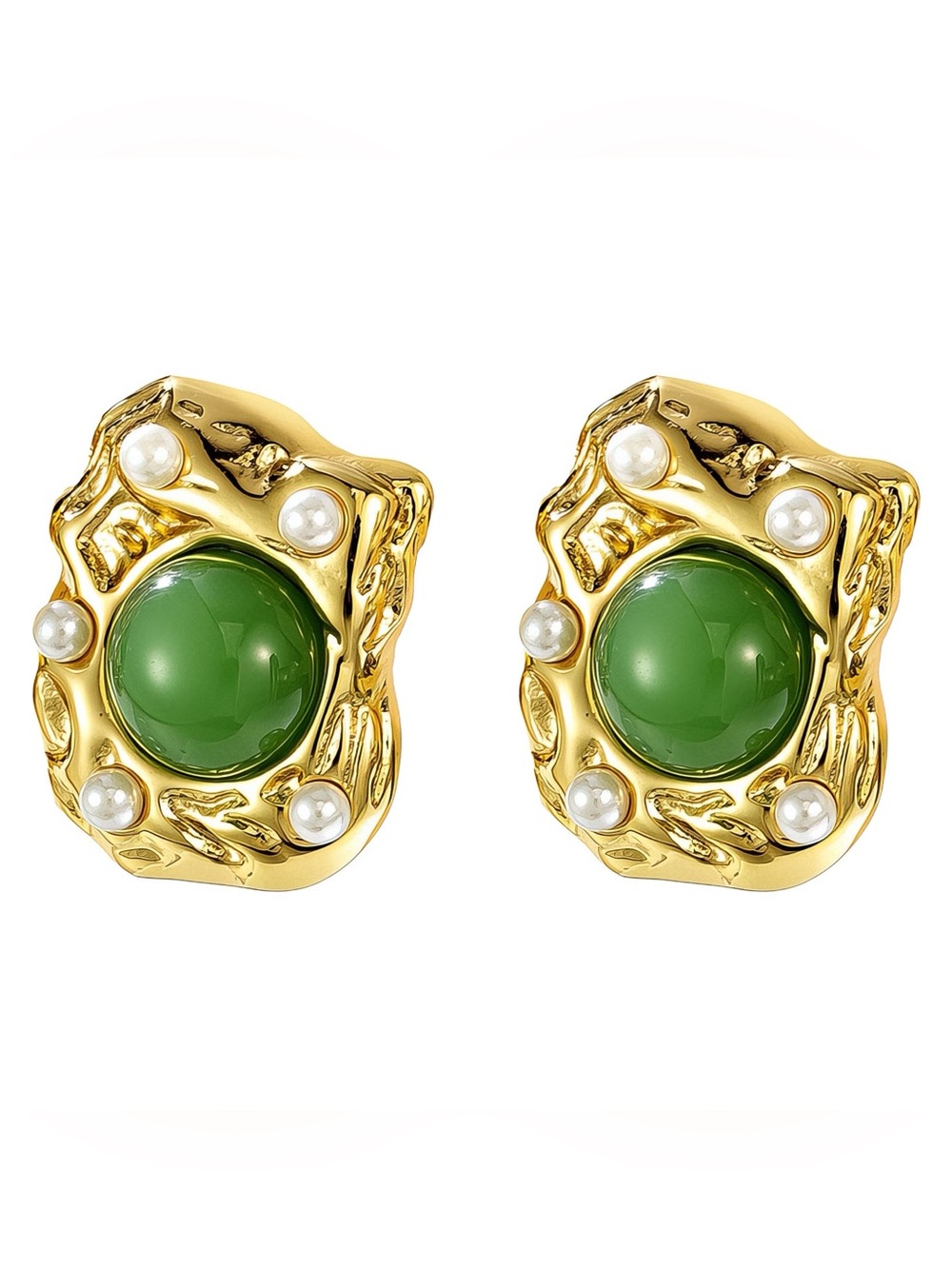18K Gold-Plated Stainless Steel Green Stone Pearl Accent Stud Earrings NWT
